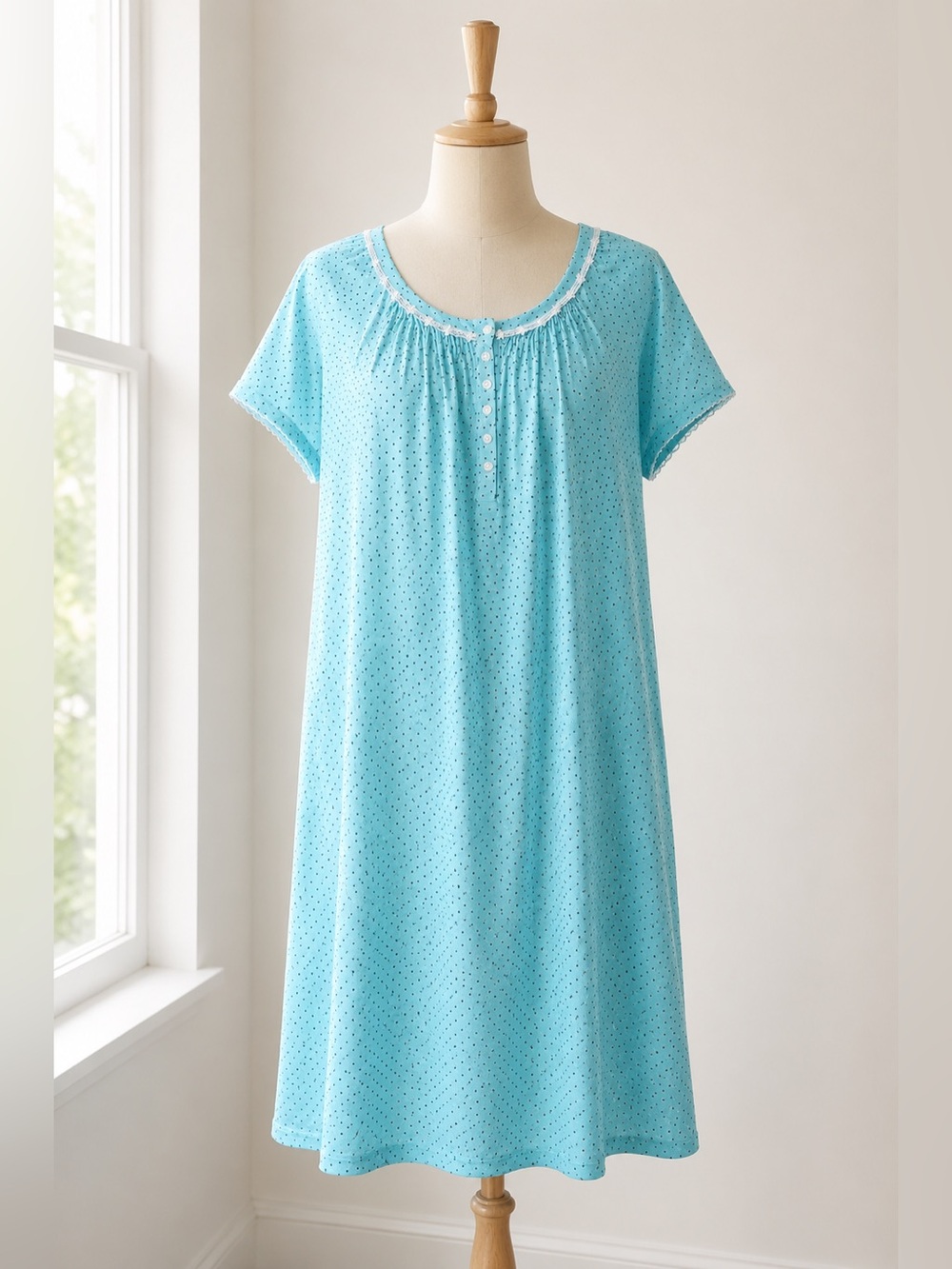 New! 100% Cotton Aria Collection Grannycore Teal Floral Lace Trim Night Dress M